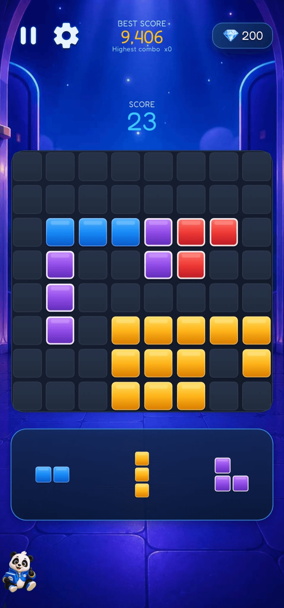 The current Oratio Blocks screen with the board and three available pieces
