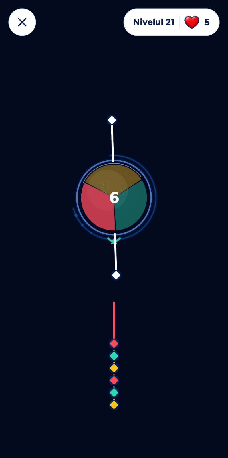 Real Oratio Orbit gameplay showing a three-color orbit and pins ready to launch