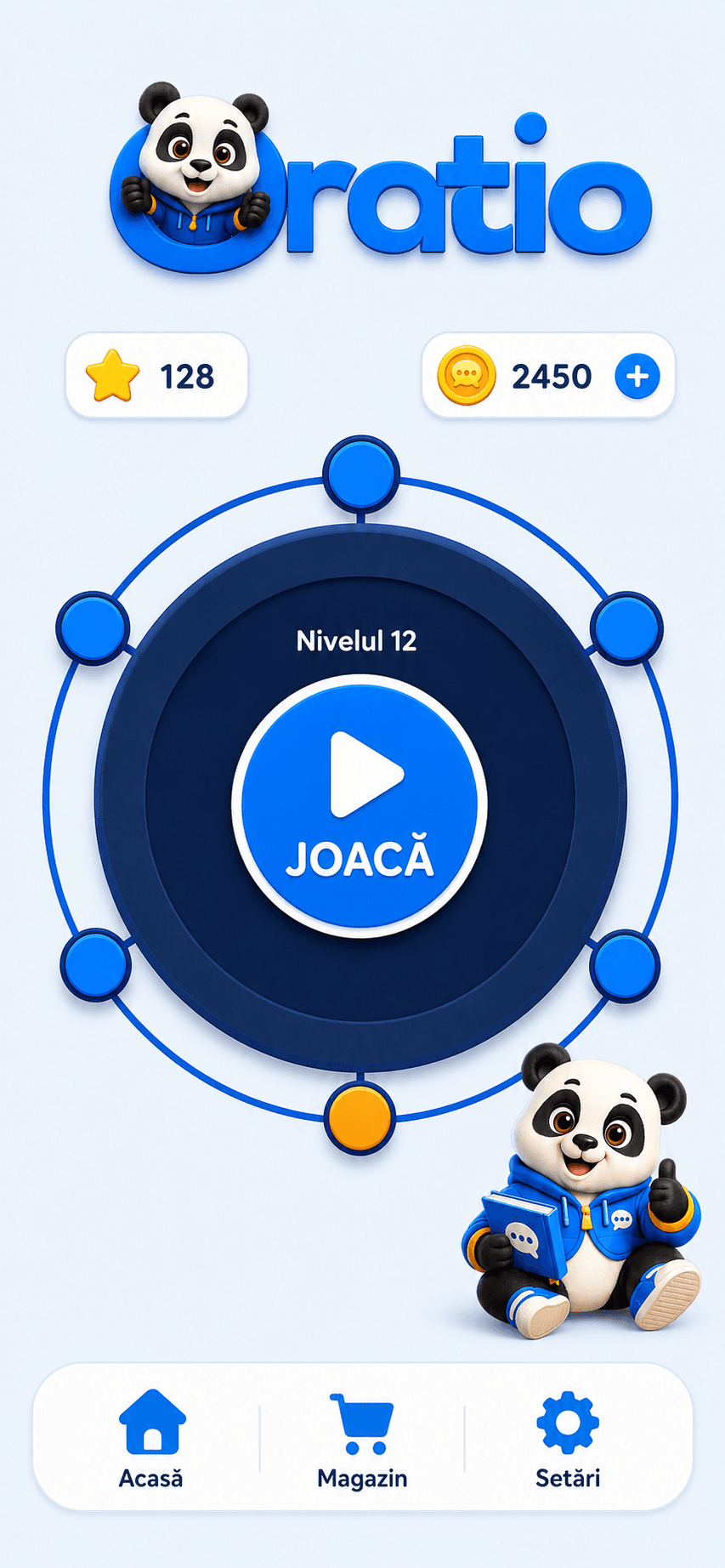 Real Oratio Orbit home screen with Paco, the current level and play button